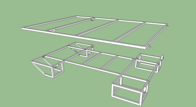 en bas: faux-chassis fixe à demeure sur porteur,  en haut châssis collé au plancher de la cellule.